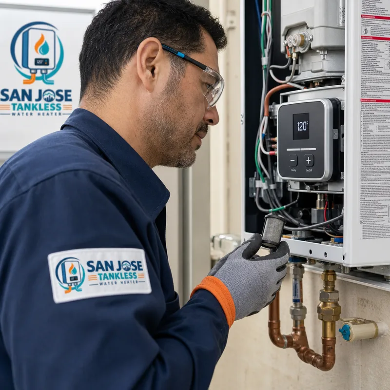 Technician inspecting a tankless water heater control panel and inlet filter screen