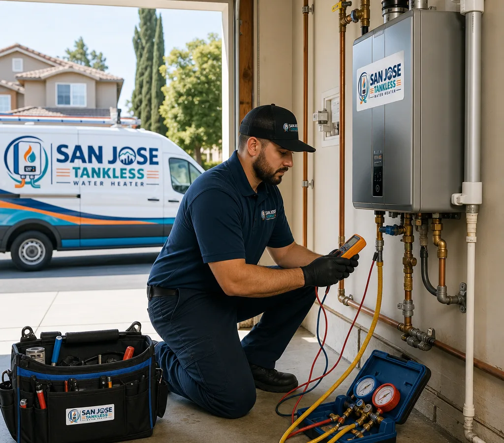Technician testing a residential water heater and surrounding piping in a San Jose garage