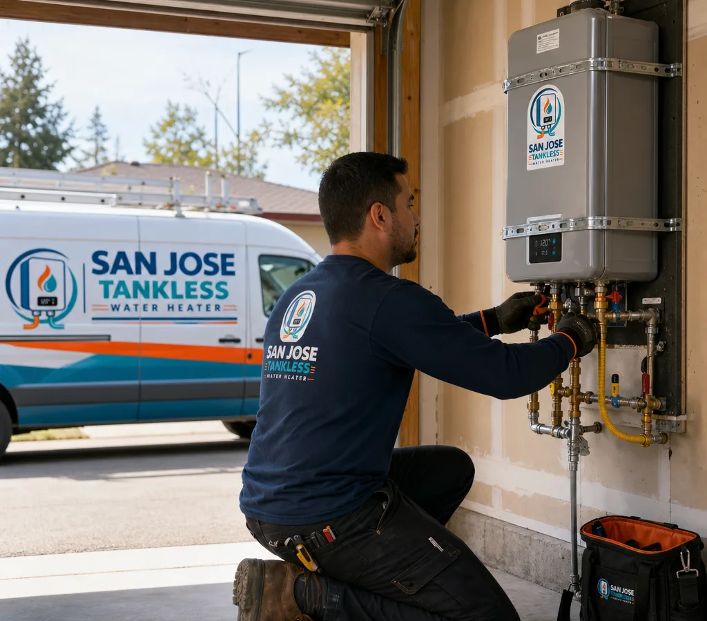 Technician installing a new residential water heater in a San Jose garage with proper strapping, shutoff valves, and a neat work area