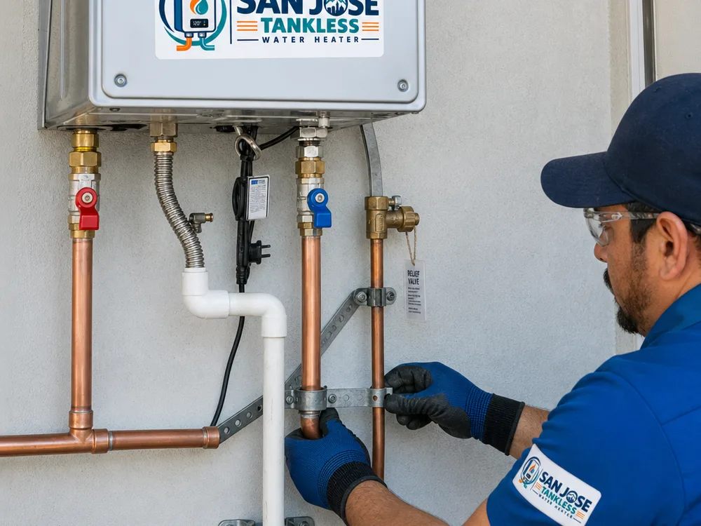 Close-up of a newly installed water heater with clean piping, a properly routed TPR discharge line, shutoff valves, and seismic straps