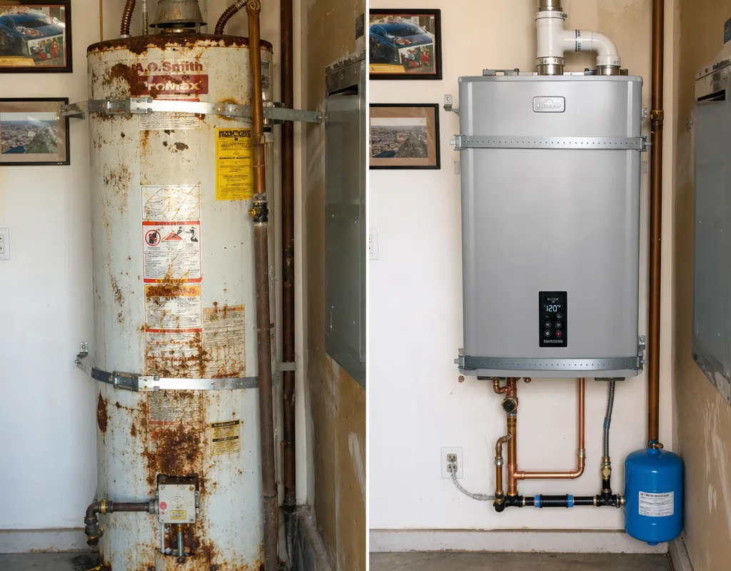 Old rusted tank water heater replaced by a neatly installed new unit with improved strapping and vent connection