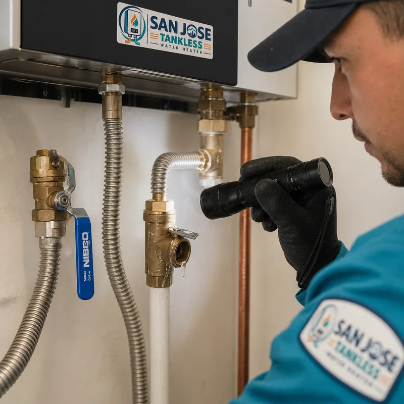 Water heater shutoff, connector, relief discharge pipe, and technician checking for leaks