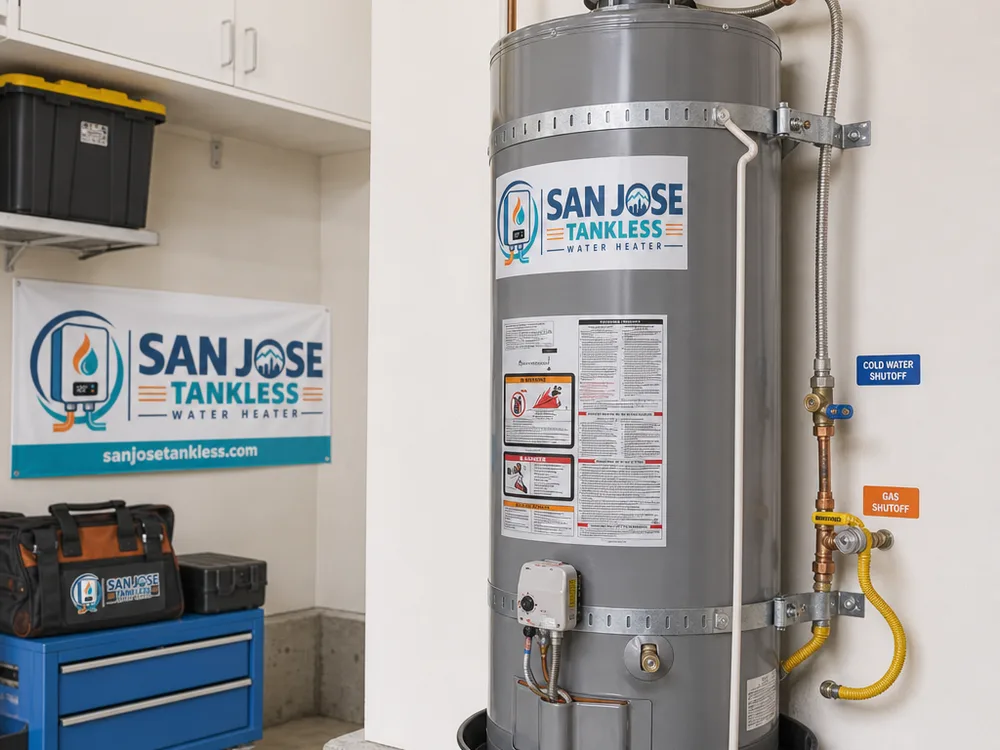 New gas tank water heater with seismic straps, drip pan, discharge line, and labeled shutoff valves