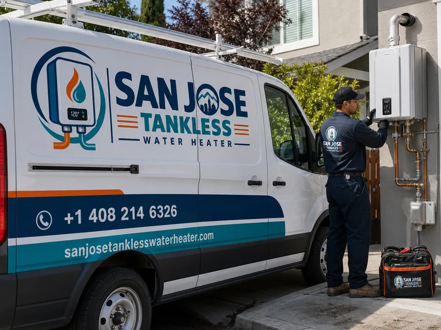 Technician performing a tank flush with a safely routed hose and protected work area