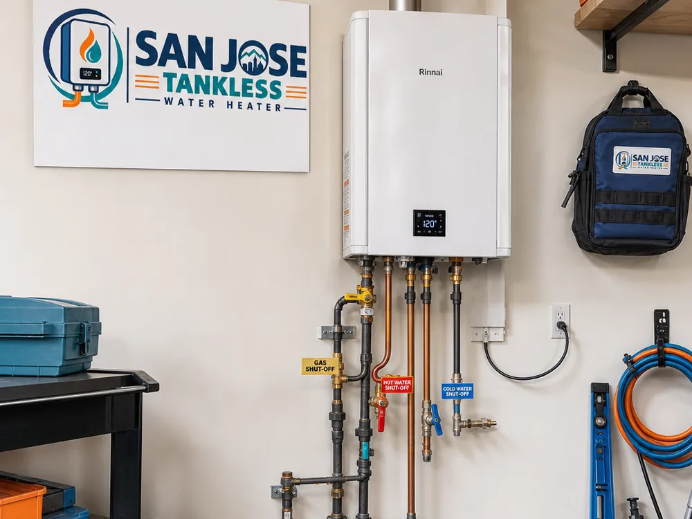 Clean work area after installation with the old unit removed and the new water heater piped neatly with labeled shutoffs